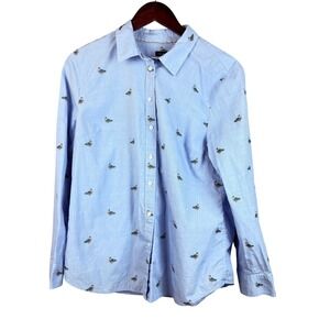 Talbots‎ Duck Print Button-Down Shirt Women's L Blue Long Sleeve